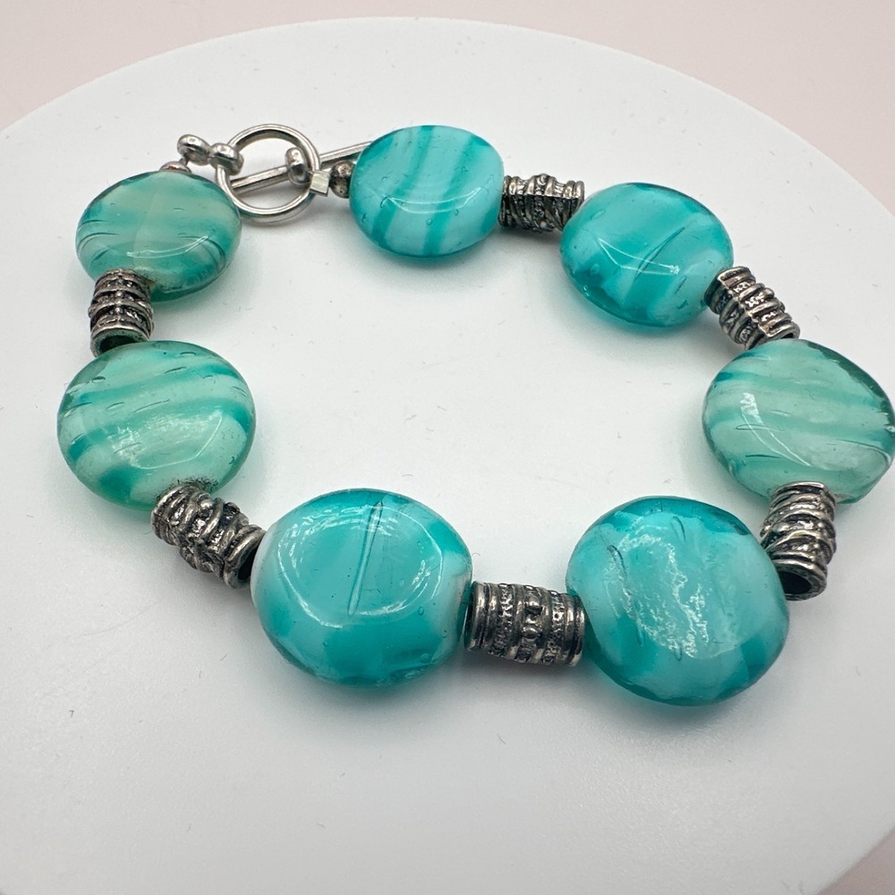 Vintage 90s Silver Tone Teal Swirl Beaded Bracelet Boho Women's Classic Jewelry
